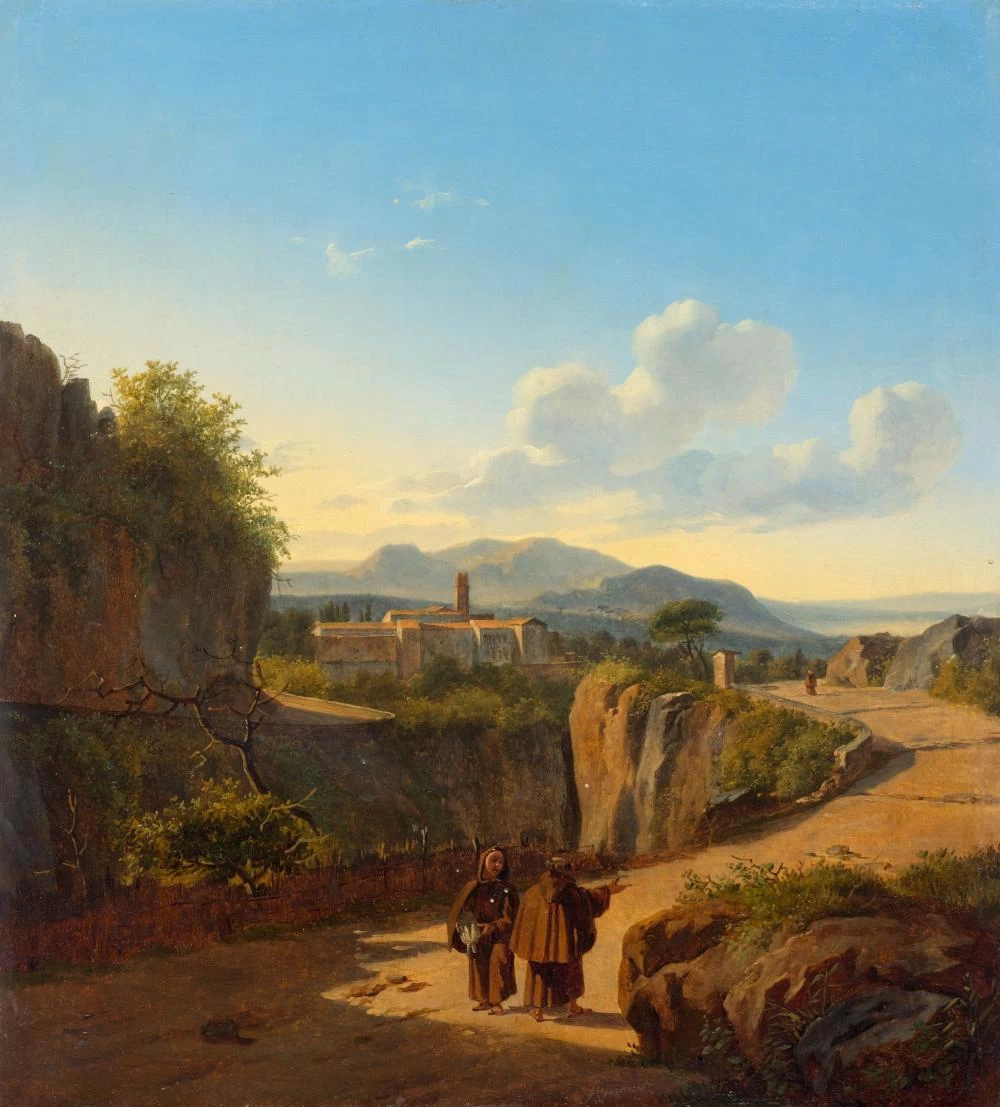 Alexandre Hyacinthe Dunouy - Un paesaggio mediterraneo con monaci